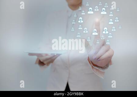 Lady Holding Tablet Pressing On Virtual Button Showing Futuristic Tech. Stock Photo