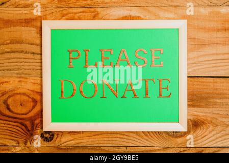 Conceptual caption Please Donate, Business overview Supply Furnish Hand out Contribute Grant Aid to Charity Display of Different Color Sticker Notes A Stock Photo