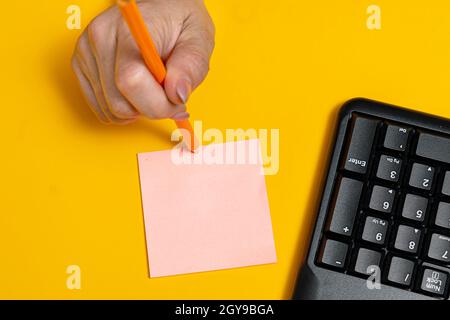 Hands pointing pressing computer keyboard keys typewriting new ideas. Stock Photo