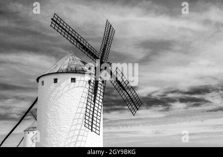 Typical windmill in Campo de Criptana, Spain, on Don Quixote Route, based on a literary character, it refers to the route followed by the protagonist Stock Photo