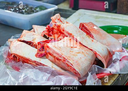 Bloody fish and other disgusting seafood Thai food cuisine at Bangrak market on Koh Samui in Thailand. Stock Photo