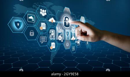 Highly secure IT device protection shield. blue background Stock Photo