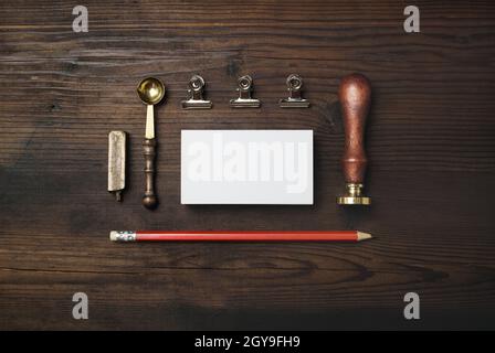 Blank vintage stationery set on wood table background. Stationery mock up. Flat lay. Stock Photo