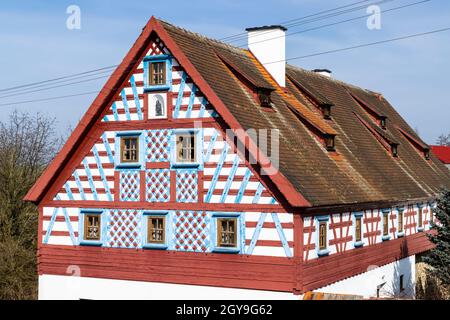 Half-timbered farmhouse, folk architecture in Milhostov, Western Bohemia, Czech Republic Stock Photo