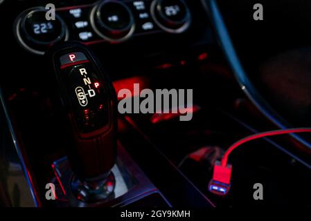 Automatic gearshift lever detail macro shot with selective focus Stock Photo