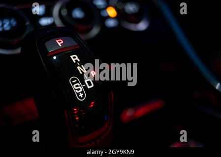 Automatic gearshift lever detail macro shot with selective focus Stock Photo