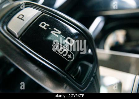 Automatic gearshift lever detail macro shot with selective focus Stock Photo