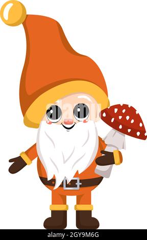 Little gnome with long white beard, cheerful face with fly agaric mushroom. Character for harvest autumn festival, Thanksgiving Day, decorate house and garden Stock Vector