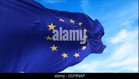 The flag of The European Union flapping in the wind. Economic and finance Community. Politics and Economy. Transnational political government Stock Photo