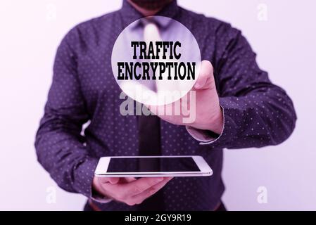 Conceptual caption Traffic Encryption, Business concept method of securing the transmission of information Presenting New Technology Ideas Discussing Stock Photo