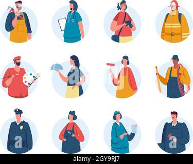 Professional workers avatars, portraits of people with various occupations. Firefighter, policeman, nurse, engineer, waiter avatar vector set. Employees providing different service Stock Vector