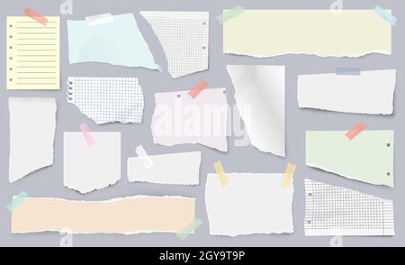 Paper scraps on sticky tape, page pieces with torn edges. Realistic ripped newspaper, ragged notebook sheet, ripped papers strips vector set. Squared and lined fragments for notes and memos Stock Vector