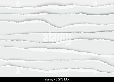 Torn paper edges, newspaper ripped page strips. Realistic ragged papers edge, horizontal tattered scrapbook or notebook sheets vector set. Damaged and cracked fragments for writing Stock Vector