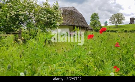 Ukraine, Kiev - June 11, 2020. The old house of peasants in the museum Pirogovo. National Museum of Folk Architecture and Everyday Life of Traditional Stock Photo