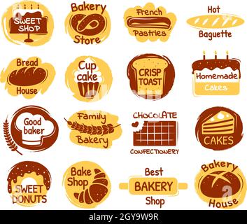 Bakery lettering logo, pastry or cupcake signs, labels. Bake shop logotype with hand drawn elements bread, croissant, pretzel, cake vector set. Chocolate confectionery and sweet donuts Stock Vector