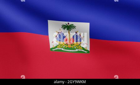 3D, Haitian flag waving on wind. Close up of Haiti banner blowing, soft and smooth silk. Cloth fabric texture ensign background. Stock Photo