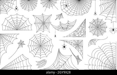 Halloween spider web, black cobweb frames, borders and corners. Scary spiderweb with spiders, decorative cobwebs silhouette vector set. Autumn holiday decoration elements isolated on white Stock Vector