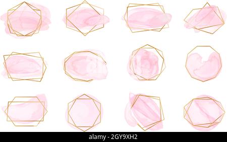 Pink watercolor brush strokes with geometric gold frames. Pastel rose labels with abstract polygonal shapes, elegant fashion logo vector set. Golden glossy borders with spots or splashes for wedding Stock Vector