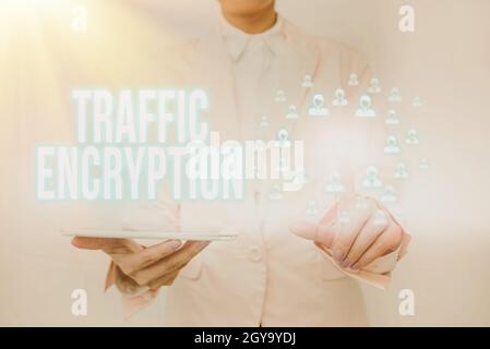 Sign displaying Traffic Encryption, Business concept method of securing the transmission of information Lady Holding Tablet Pressing On Virtual Button Stock Photo