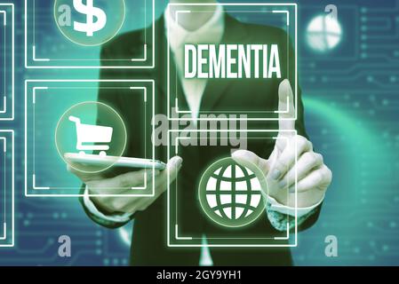 Hand writing sign Dementia, Internet Concept the general word for diseases and disorders with a loss in memory Lady In Uniform Holding Phone Pressing Stock Photo