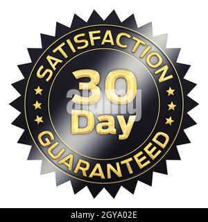 30 day satisfaction guaranteed black and golden warranty label isolated on white Stock Photo