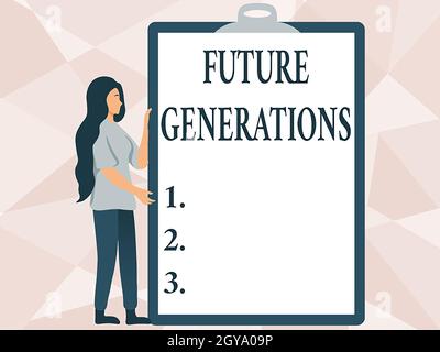 Text caption presenting Future Generations, Business overview generations to come after the currently living generation Woman Drawing Holding A Big Em Stock Photo