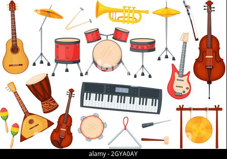 Cartoon music instruments for orchestra or jazz performance. Drums, electric guitar, trumpet, piano, classical musical instrument vector set. Different equipment for live show entertainment Stock Vector