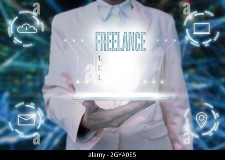 Conceptual display Freelance, Business showcase working at different firms rather than being permanently Lady Uniform Standing Tablet Hand Presenting Stock Photo