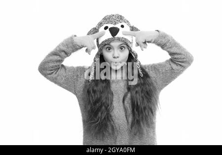 looking brand new. child cosy sweater isolated on white. cold winter weather. warm clothes and accessory fashion for kids. happy childhood. small girl Stock Photo