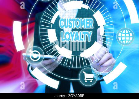 Text sign showing Customer Loyalty, Business idea buyers adhere to positive experience and satisfaction Lady In Uniform Holding Phone Pressing Virtual Stock Photo