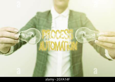 Text showing inspiration Process Automation, Word for the use of technology to automate business actions Lady outfit holding two lamps upside down pre Stock Photo