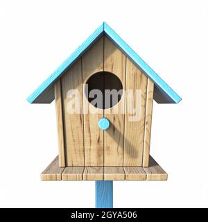 Birdhouse with blue roof Front view 3D render illustration isolated on white background Stock Photo
