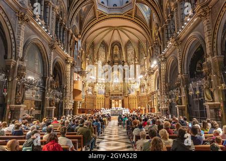 Barcelona, Spain - September 21, 2021: Celebration of Holy Mass in the Basilica of Montserrat Stock Photo