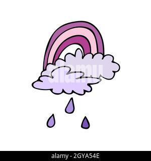 Graphic outline printing sign with pink rainbow, violet clouds and rain.  Stock Vector