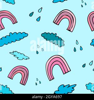 Seamless pattern with rainbow, rain and clouds. Stock Vector