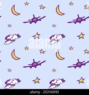 Seamless pattern with moon, stars, plane and clouds. Blue background. Stock Vector