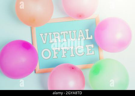 Text caption presenting Virtual Office, Word Written on operational domain of any business or organization virtually Colorful Party Invitation Designs Stock Photo