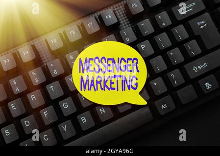 Text sign showing Messenger Marketing, Business concept act of marketing to your customers using a messaging app Editing And Retyping Report Spelling Stock Photo