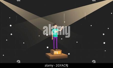 Man on first place pedestal waving his hand and standing in front of the festive fireworks on black background. Cartoon animation Stock Photo