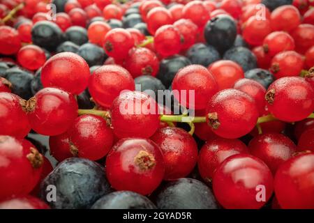 Various fresh wild berries on a black glass background, side view. Berry mix. Lingonberry, strawberry. Stock Photo