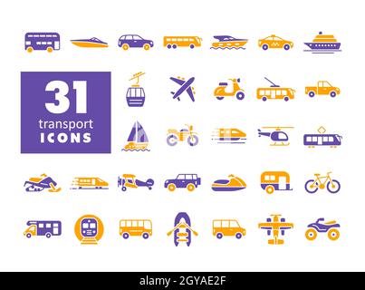 Transportation vector flat glyph icon set. Graph symbol for travel and tourism web site and apps design, logo, app, UI Stock Photo