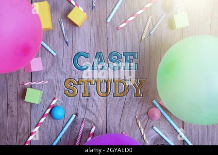 Text sign showing Case Study, Word for analysis and a specific research design for examining a problem Colorful Birthday Party Designs Bright Celebrat Stock Photo