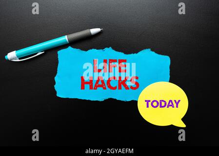 Sign displaying Life Hacks, Word Written on strategy or technique adopted to manage activities efficiently Thinking New Bright Ideas Renewing Creativi Stock Photo