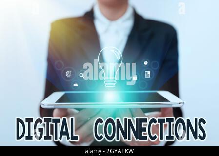 Hand writing sign Digital Connections, Business showcase the online way to explore and build relationships Lady In Uniform Holding Touchpad Showing Fu Stock Photo