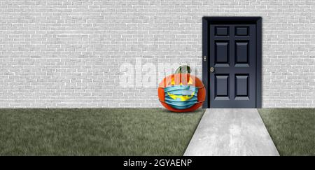 Halloween front door with a jack o lantern pumpkin wearing a medical face protection as an autumn symbol for disease control and virus infection. Stock Photo