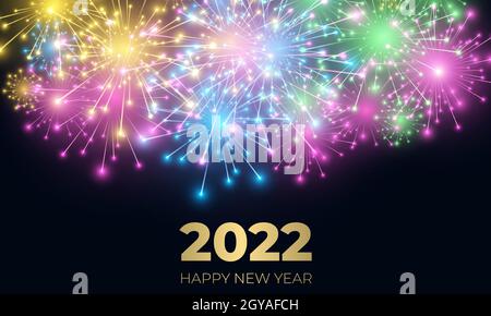 New year 2022 festive background with fireworks and sparkle celebration lights. Stock Vector