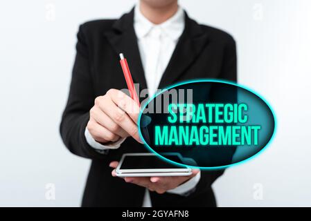 Conceptual caption Strategic Management, Concept meaning formulation and implementation of the major goals Presenting New Technology Ideas Discussing Stock Photo