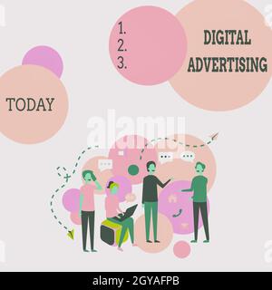 Conceptual caption Digital Advertising, Business showcase marketing of products or services using internet Four Colleagues Illustration Having Convers Stock Photo