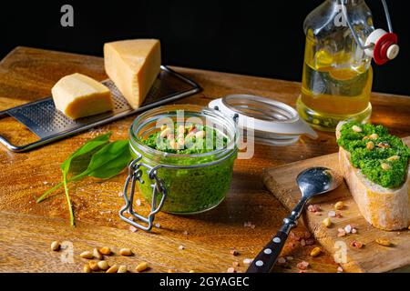 delicious wild garlic pesto with pine nuts Stock Photo