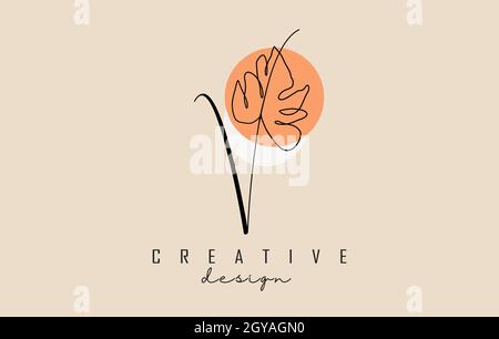Simple and elegant handwritten V letter logo design with Monstera leaf one line frawing and two circles vector illustration. Creative and minimalist i Stock Vector